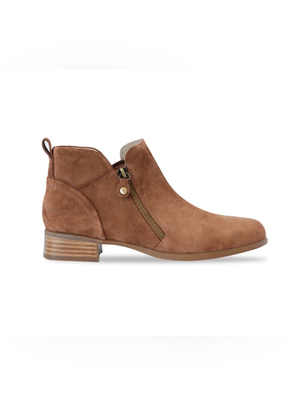 Munro Neko Ankle Boot In New Tobacco Suede, Side Zippers, 1” Heel, Size 9N